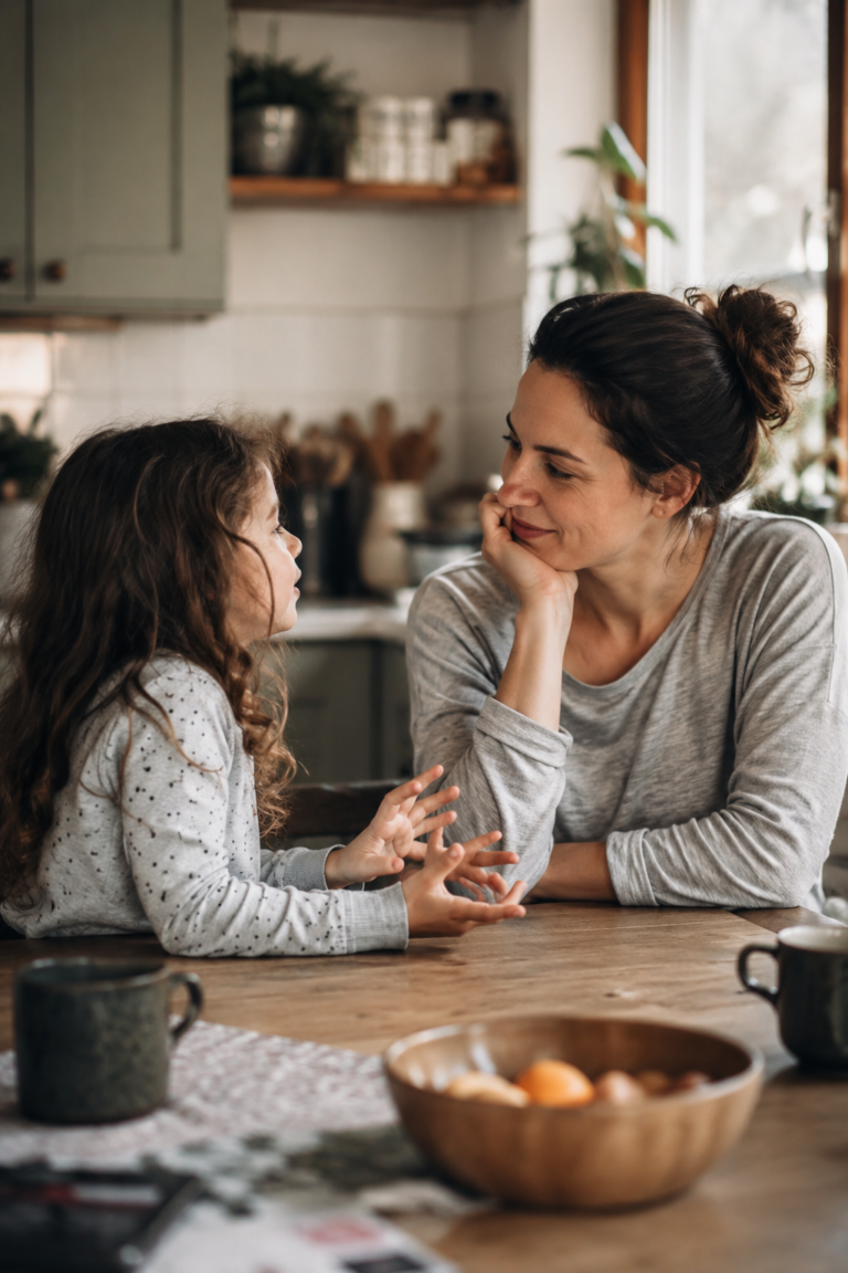 Young child talking with a parent during everyday speech and language development