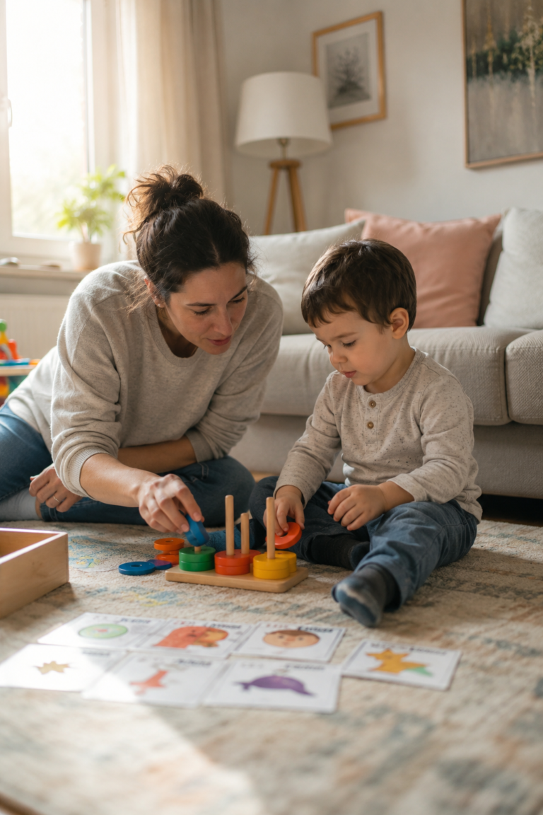Parent helping autistic toddler use AAC pictures during play