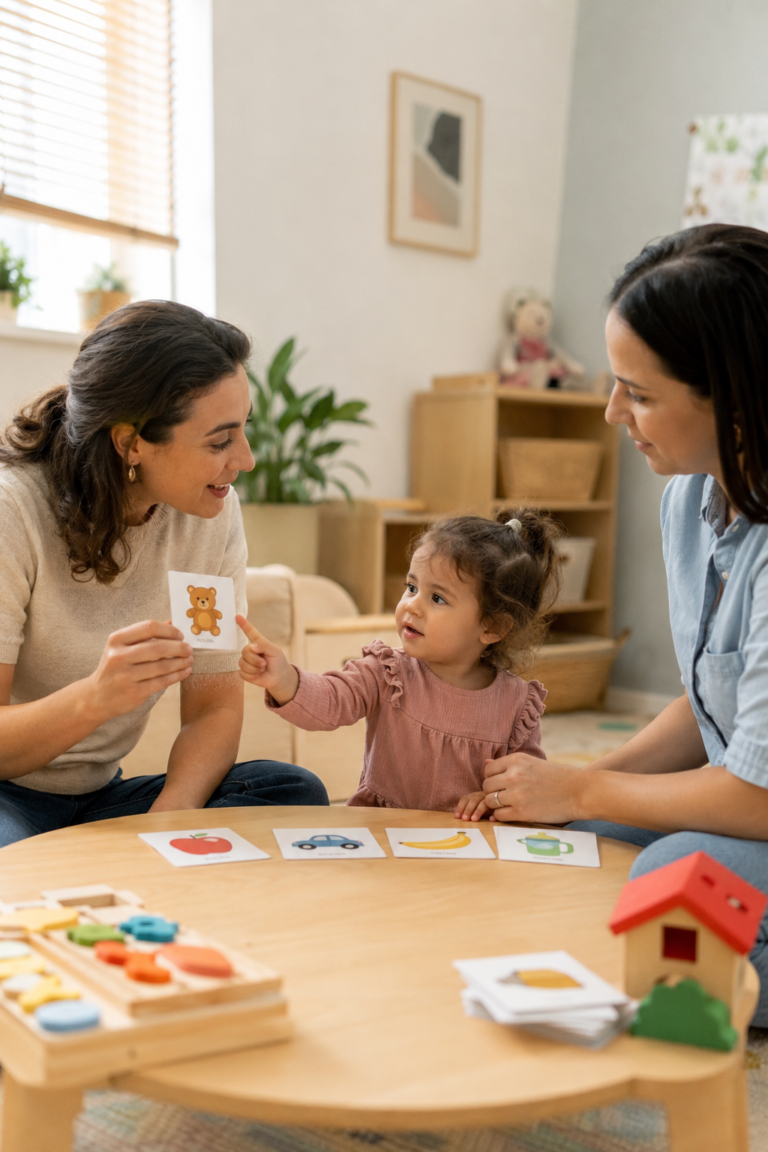 Speech therapist showing AAC picture choices to an autistic toddler