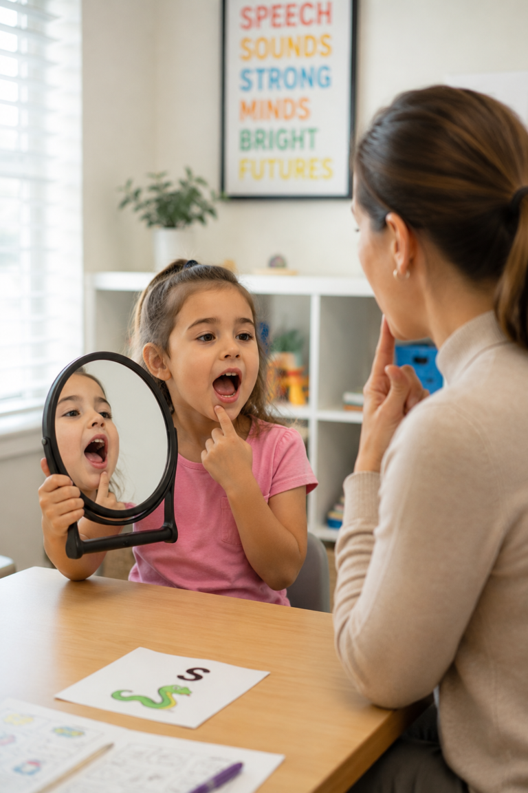 Child practicing speech sounds while looking in a mirror