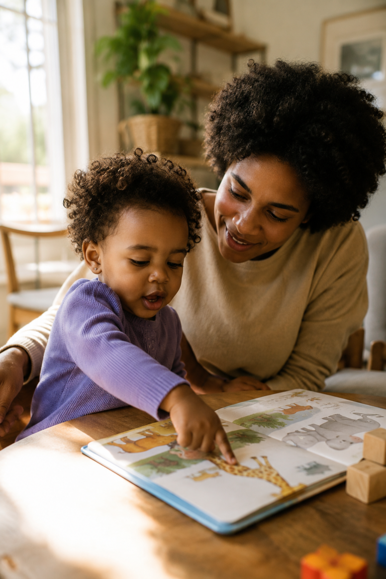Two-year-old demonstrating speech and language development while looking at a picture book