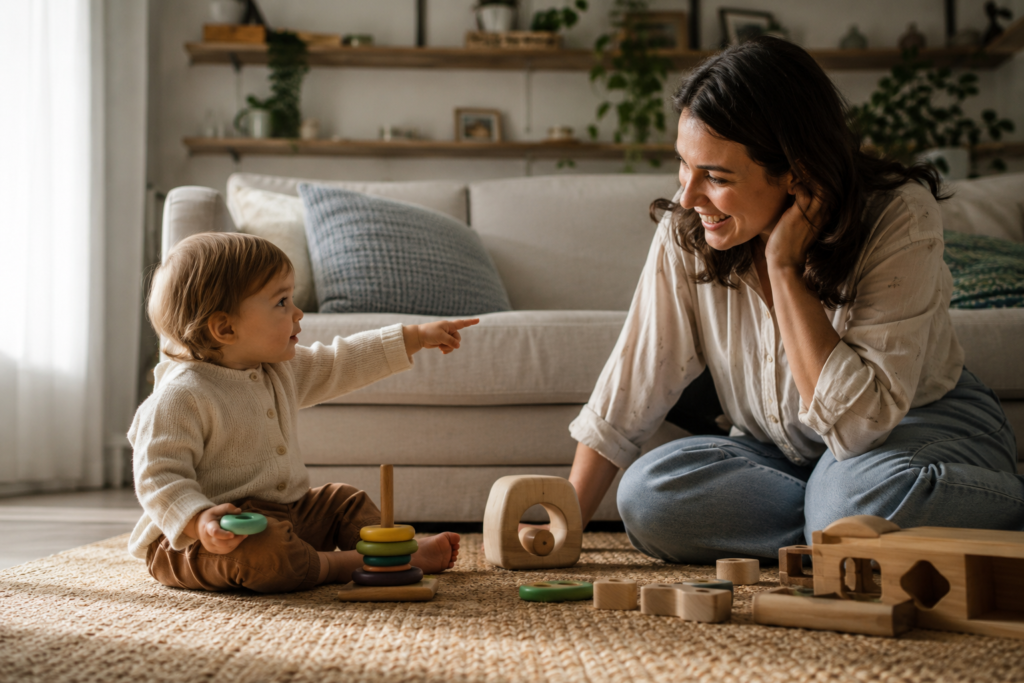 Toddler in the two-word stage communicating with parent during play