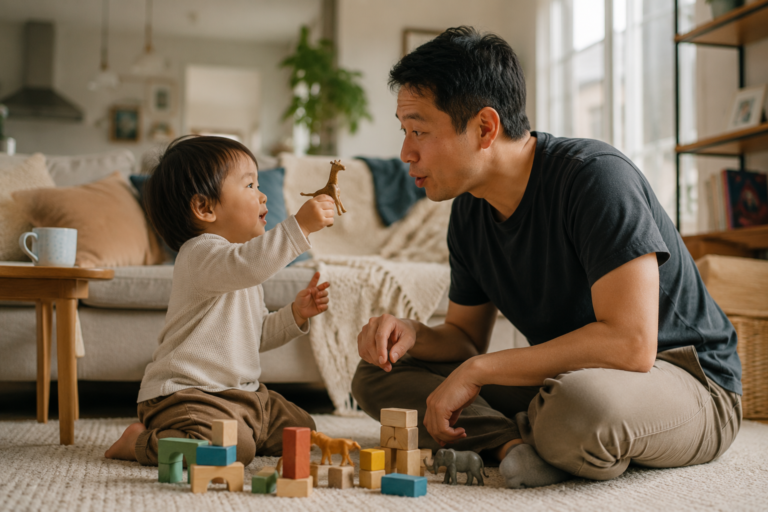 Parent responding to a toddler during child-led play and natural back-and-forth communication at home.