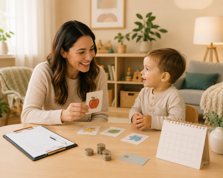 Speech therapist using picture cards with a toddler during a speech therapy session, with a calendar, clipboard, insurance card, and coins on the table.toddlers