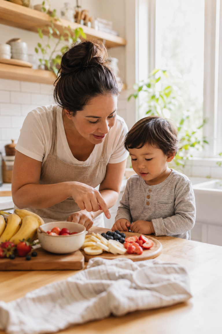 Parent helping child talk more during everyday routines without pressure