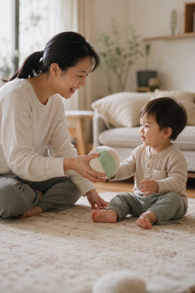 Parent using language expansion for toddlers during relaxed play at home
