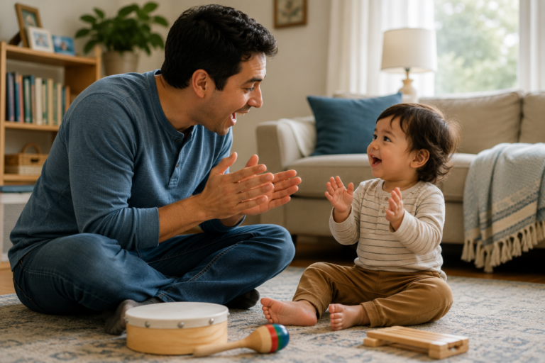 Parent and toddler enjoying a simple music activity together at home, singing and using gestures in a warm family room.