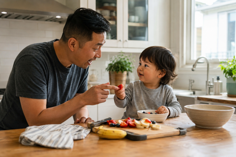 Parent and toddler preparing fruit together in the kitchen while talking and sharing attention.