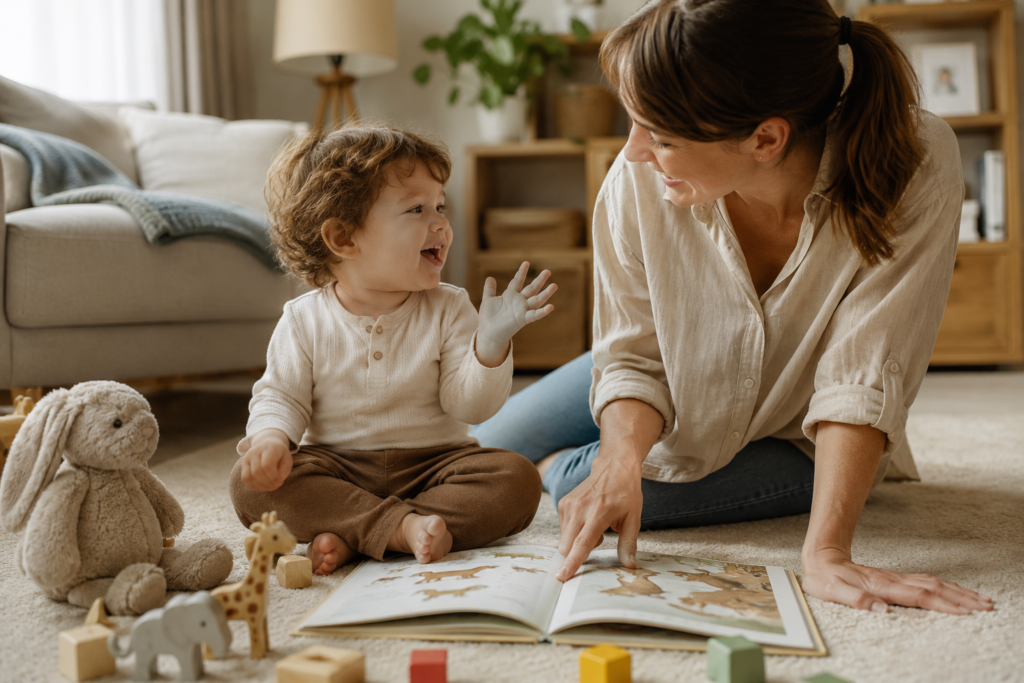Parent and toddler sharing a picture book and playing with toys together on the living room floor.