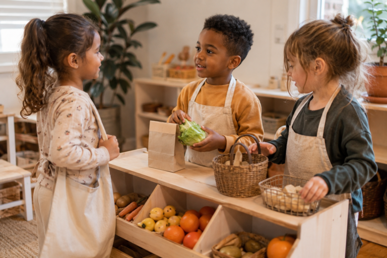 Preschool children enjoying imaginative role play in a pretend grocery store