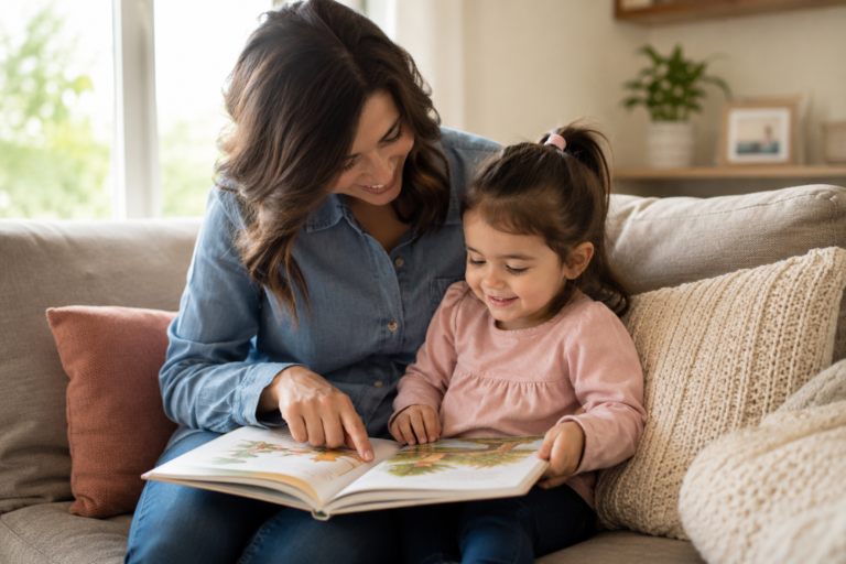 Parent using speech therapy language strategies at home while reading with child
