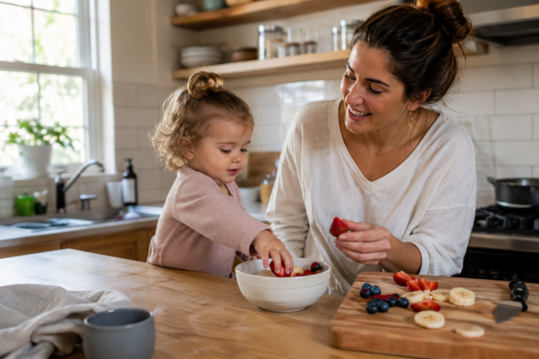 Caregiver talking with a toddler while preparing fruit together in the kitchen to support speech and language development