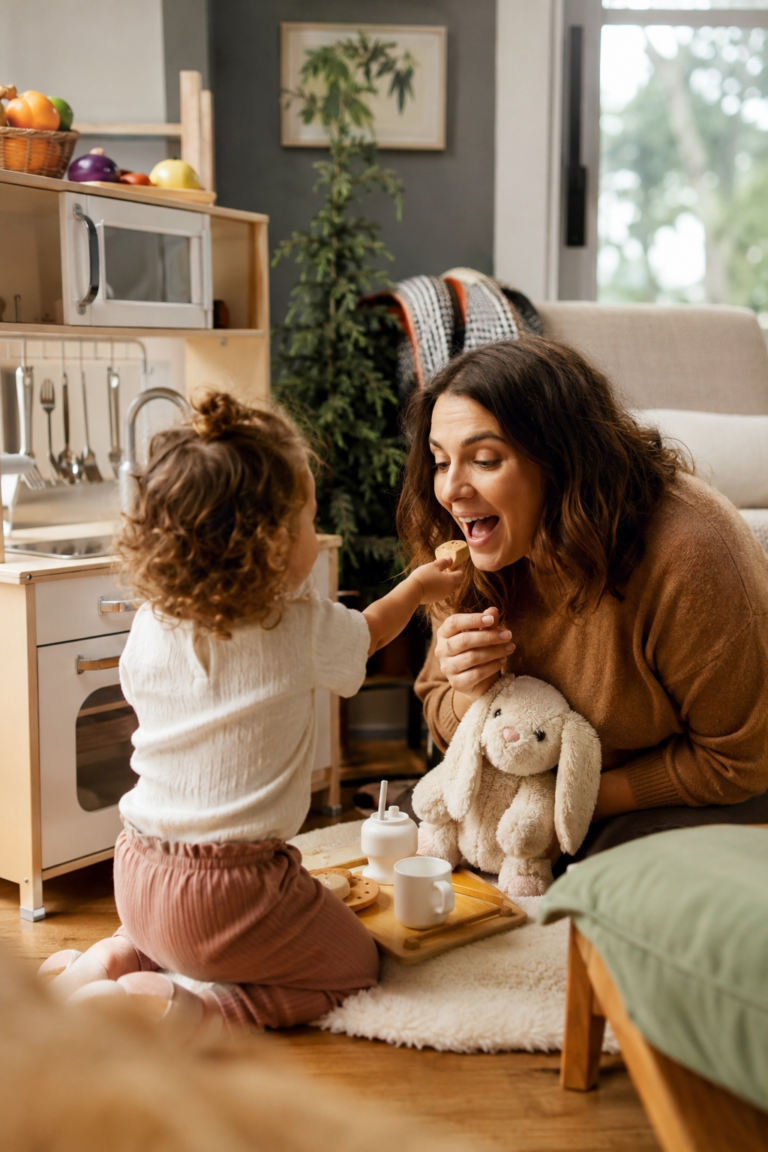 Toddler practicing conversation and language through pretend play with a caregiver