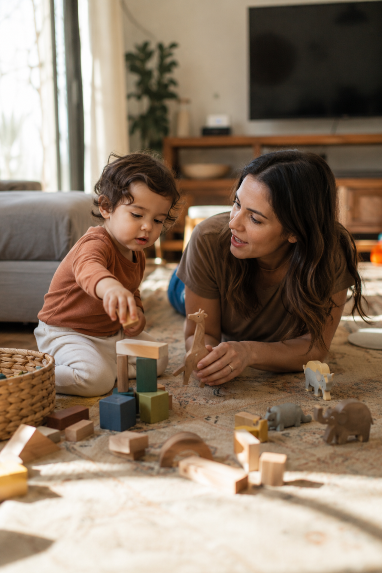 Toddler and caregiver playing with blocks and animal toys while talking together with the television turned off