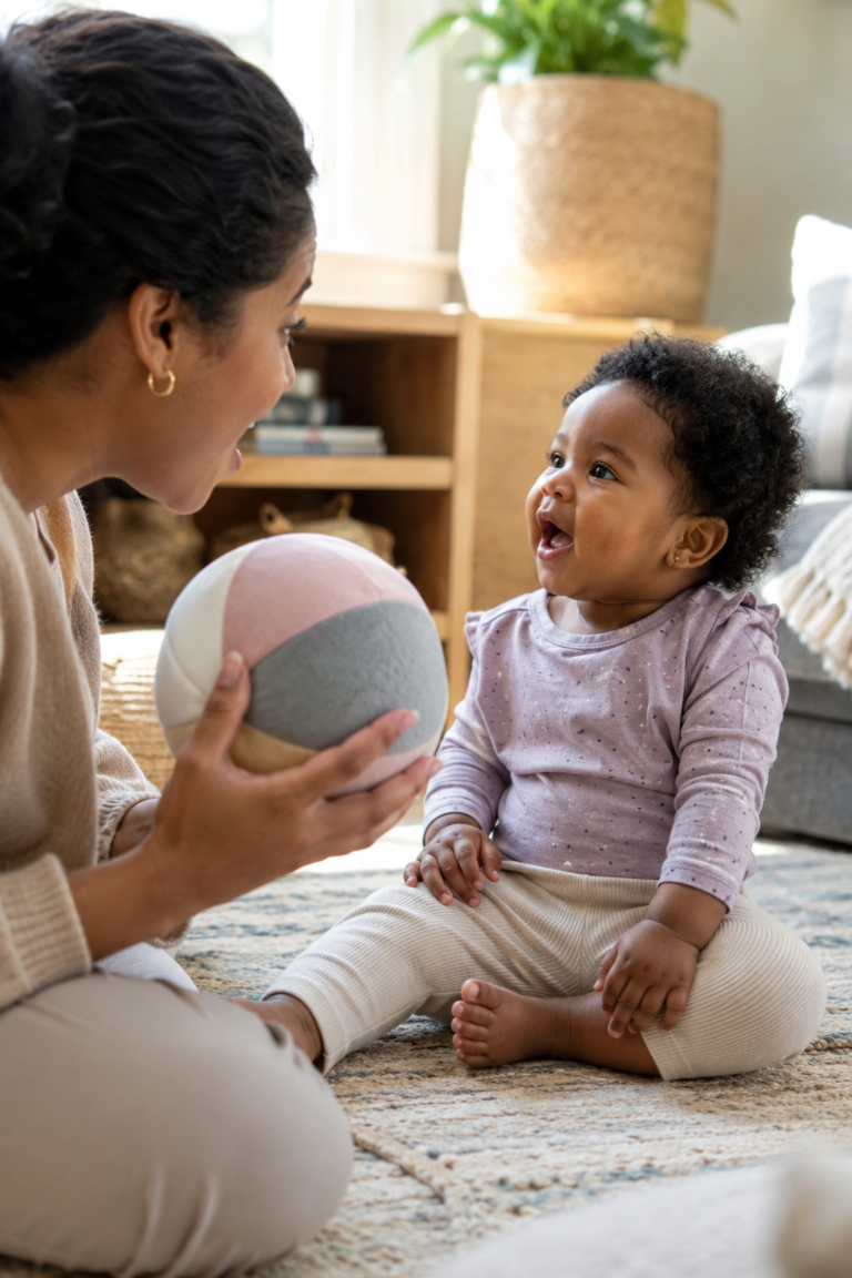 Baby looking at parent during early first words and communication play