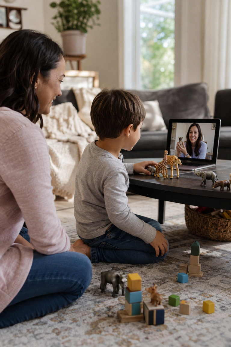 Preschool child playing with toys during an online speech therapy session while a caregiver sits nearby.